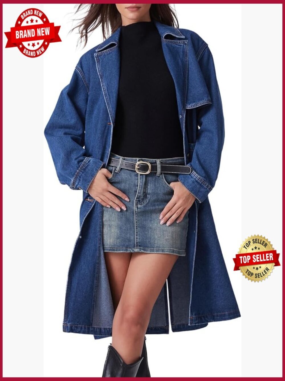 Oversized Long Denim Trench Coat with Belt